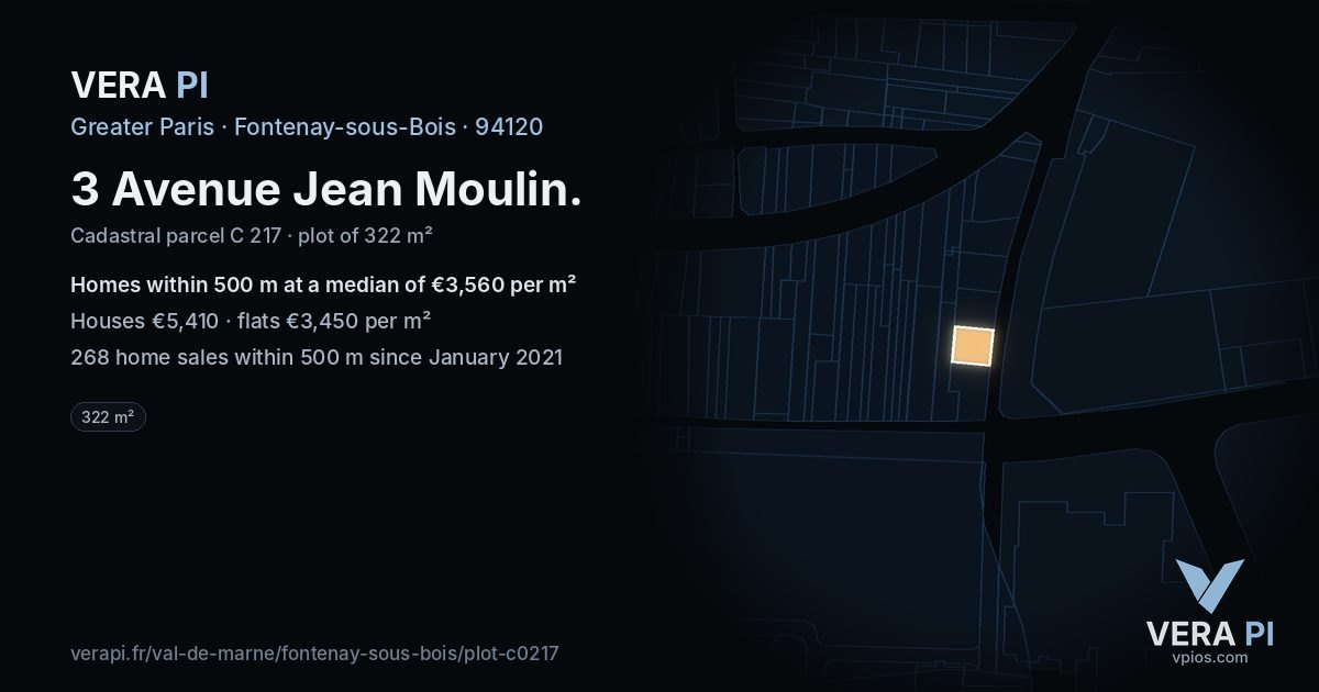 3 Avenue Jean Moulin, Fontenay-sous-Bois at night – the plot lit, the parcels around coloured by the prices near them