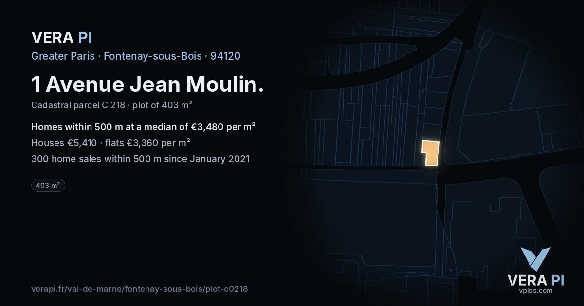 1 Avenue Jean Moulin, Fontenay-sous-Bois at night – the plot lit, the parcels around coloured by the prices near them