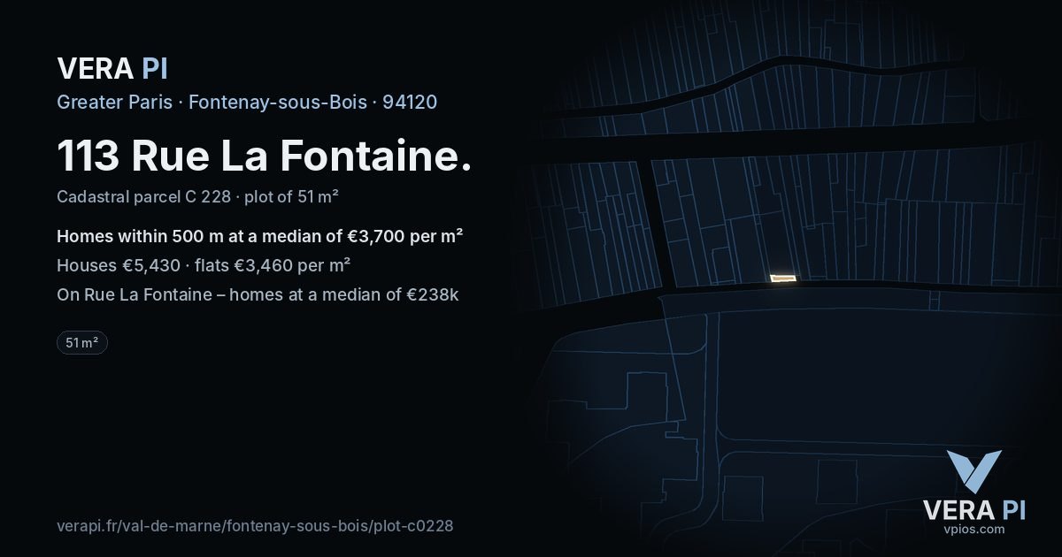 113 Rue La Fontaine, Fontenay-sous-Bois at night – the plot lit, the parcels around coloured by the prices near them