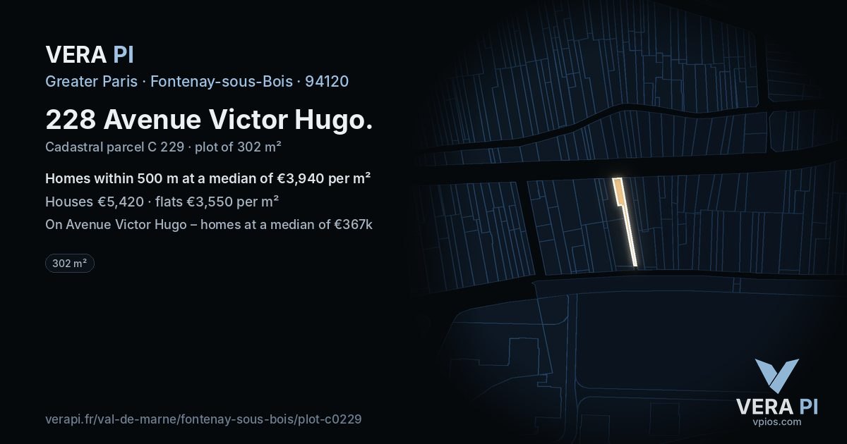 228 Avenue Victor Hugo, Fontenay-sous-Bois at night – the plot lit, the parcels around coloured by the prices near them