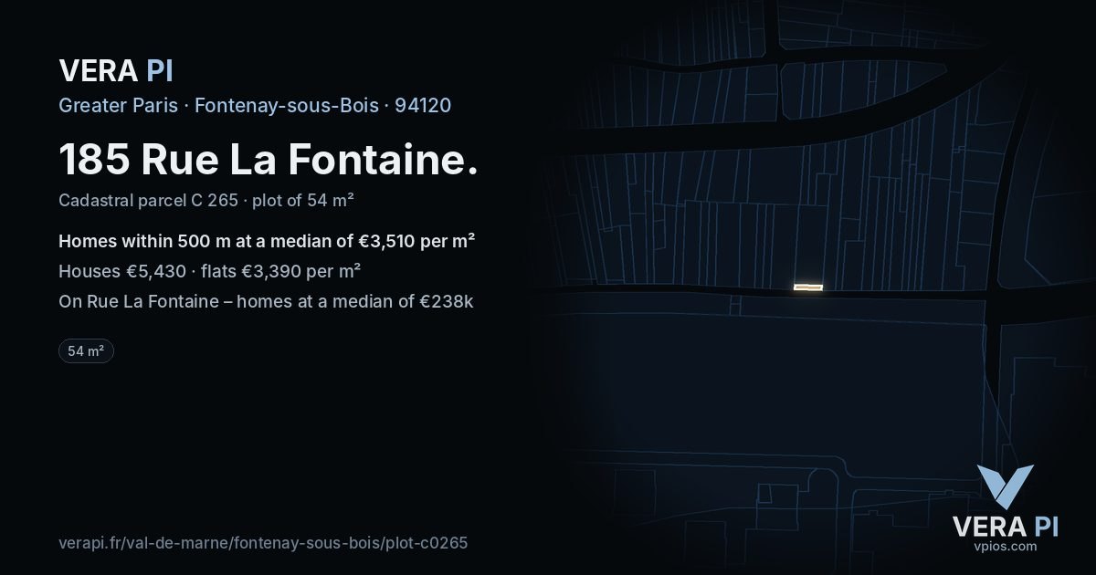 185 Rue La Fontaine, Fontenay-sous-Bois at night – the plot lit, the parcels around coloured by the prices near them