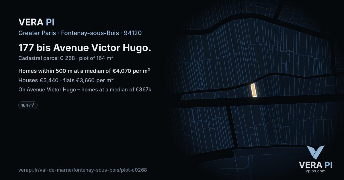 177 bis Avenue Victor Hugo, Fontenay-sous-Bois at night – the plot lit, the parcels around coloured by the prices near them