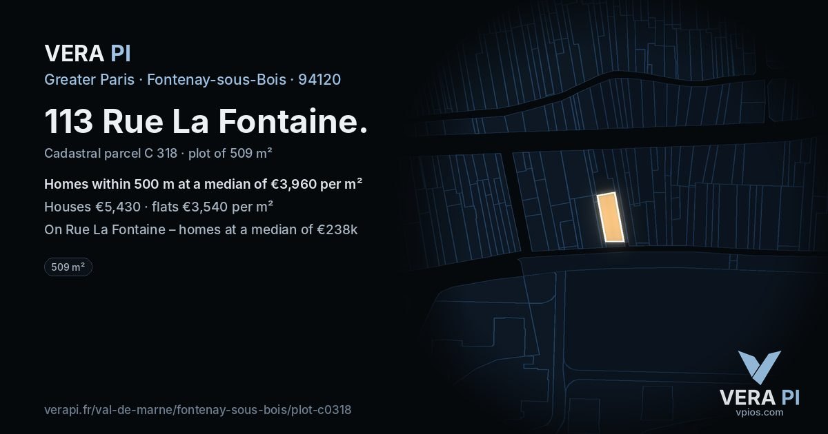 113 Rue La Fontaine, Fontenay-sous-Bois at night – the plot lit, the parcels around coloured by the prices near them