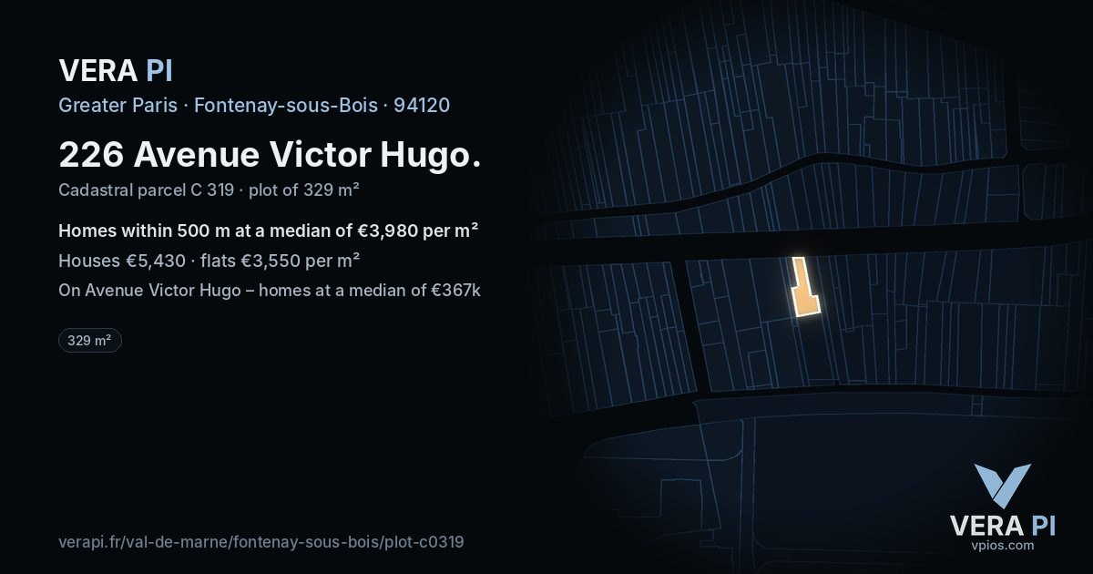 226 Avenue Victor Hugo, Fontenay-sous-Bois at night – the plot lit, the parcels around coloured by the prices near them