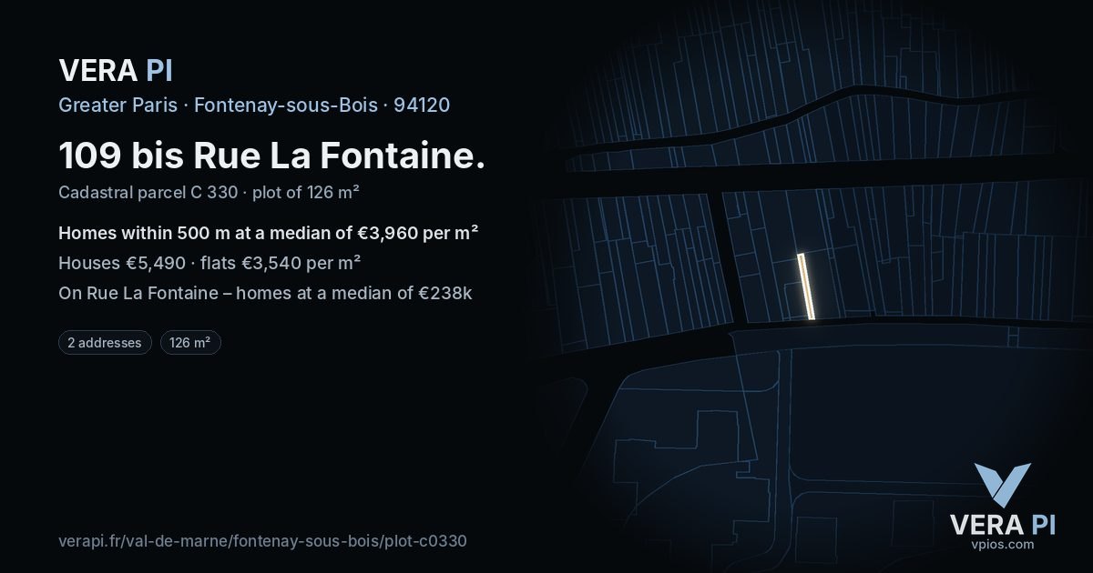 109 bis Rue La Fontaine, Fontenay-sous-Bois at night – the plot lit, the parcels around coloured by the prices near them