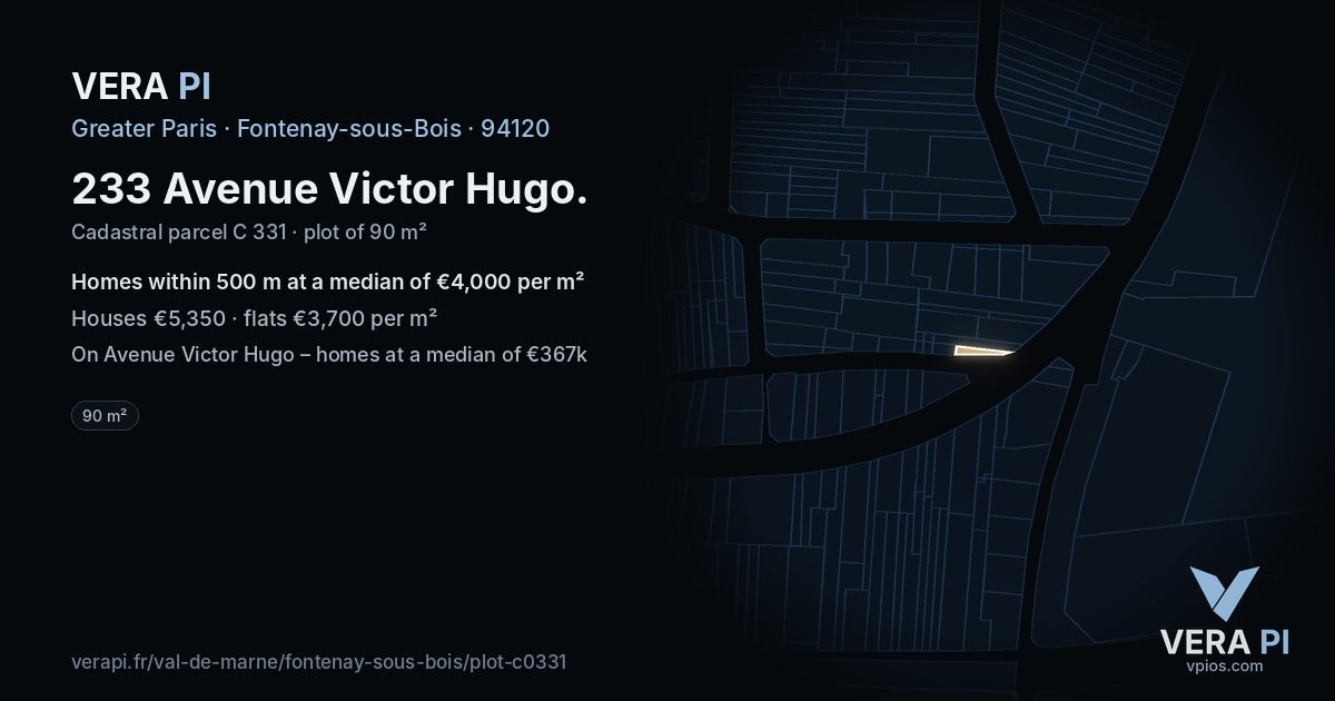 233 Avenue Victor Hugo, Fontenay-sous-Bois at night – the plot lit, the parcels around coloured by the prices near them