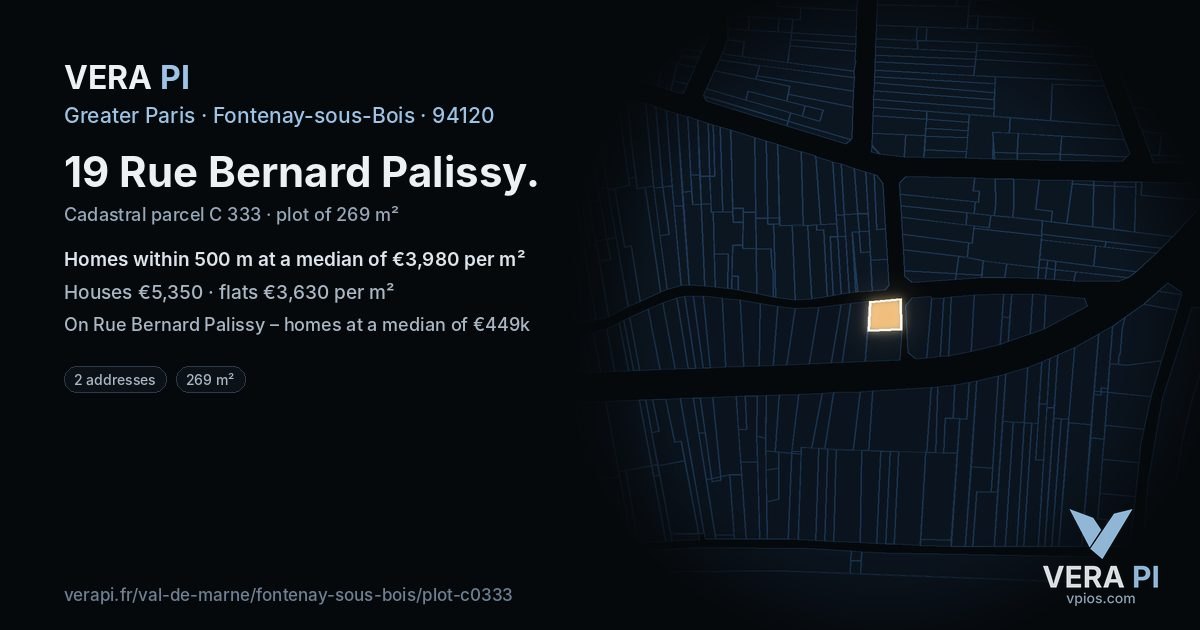 19 Rue Bernard Palissy, Fontenay-sous-Bois at night – the plot lit, the parcels around coloured by the prices near them