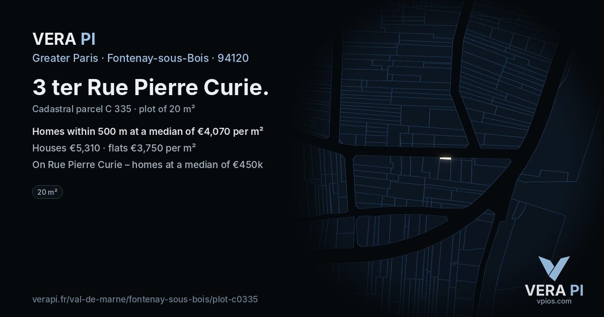 3 ter Rue Pierre Curie, Fontenay-sous-Bois at night – the plot lit, the parcels around coloured by the prices near them