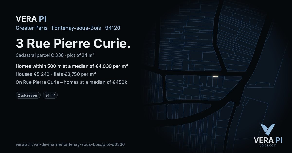 3 Rue Pierre Curie, Fontenay-sous-Bois at night – the plot lit, the parcels around coloured by the prices near them