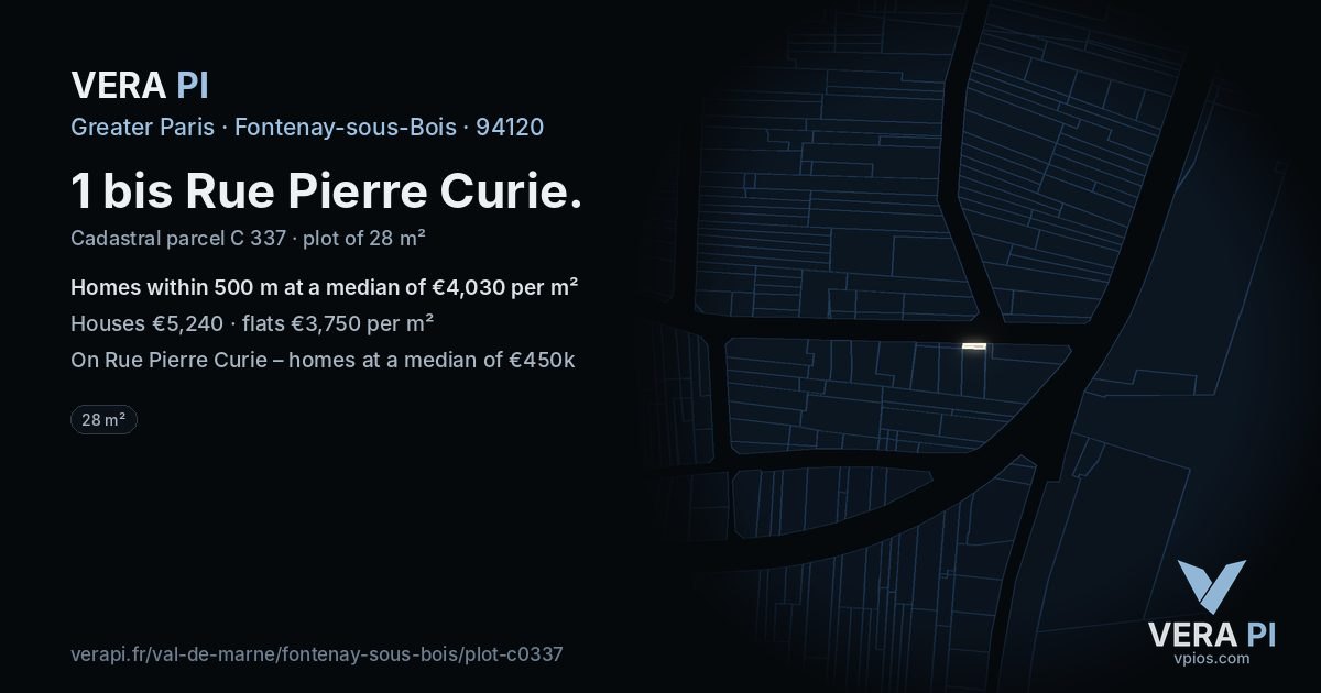 1 bis Rue Pierre Curie, Fontenay-sous-Bois at night – the plot lit, the parcels around coloured by the prices near them