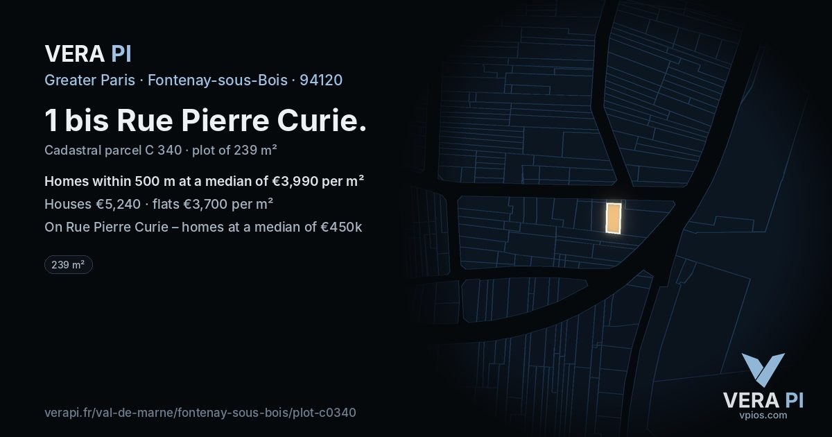 1 bis Rue Pierre Curie, Fontenay-sous-Bois at night – the plot lit, the parcels around coloured by the prices near them