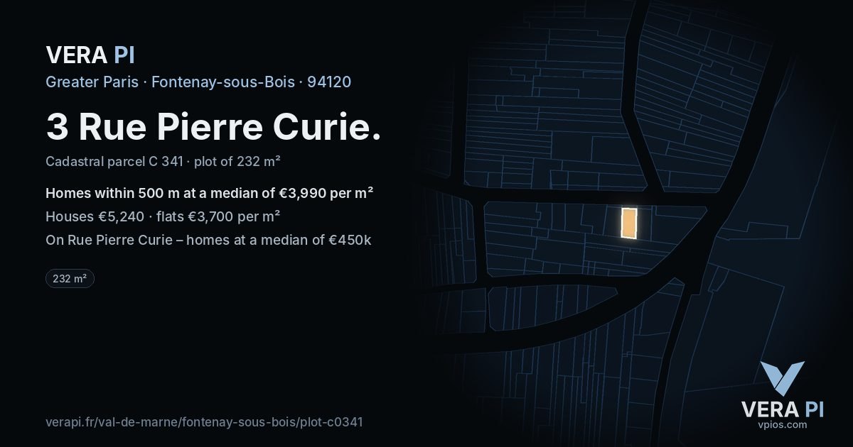 3 Rue Pierre Curie, Fontenay-sous-Bois at night – the plot lit, the parcels around coloured by the prices near them