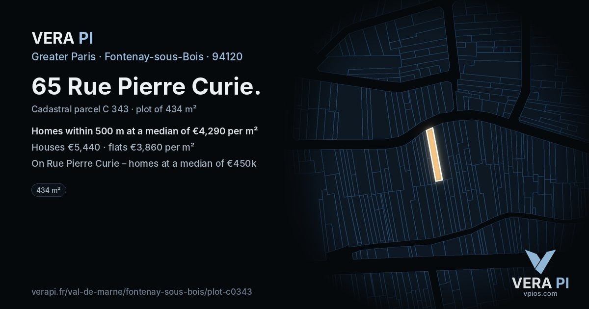 65 Rue Pierre Curie, Fontenay-sous-Bois at night – the plot lit, the parcels around coloured by the prices near them