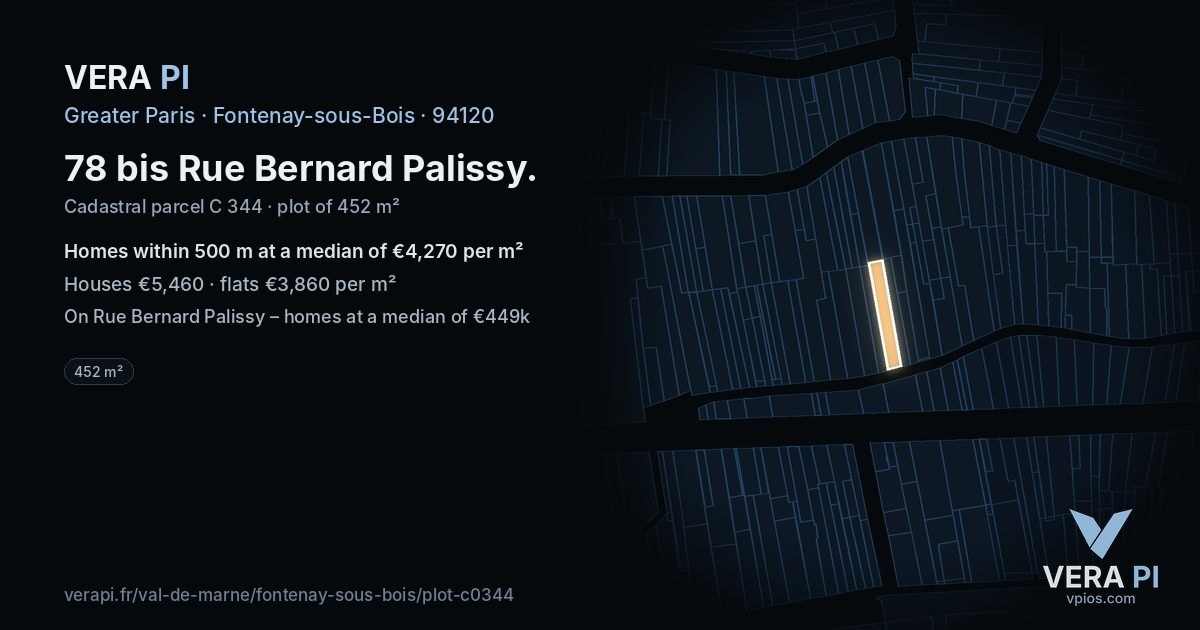 78 bis Rue Bernard Palissy, Fontenay-sous-Bois at night – the plot lit, the parcels around coloured by the prices near them