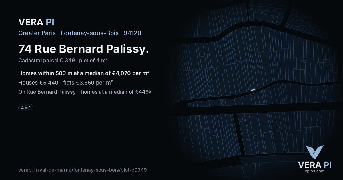 74 Rue Bernard Palissy, Fontenay-sous-Bois at night – the plot lit, the parcels around coloured by the prices near them