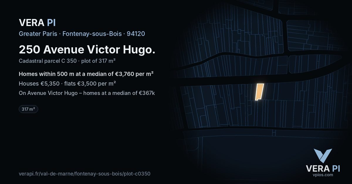 250 Avenue Victor Hugo, Fontenay-sous-Bois at night – the plot lit, the parcels around coloured by the prices near them