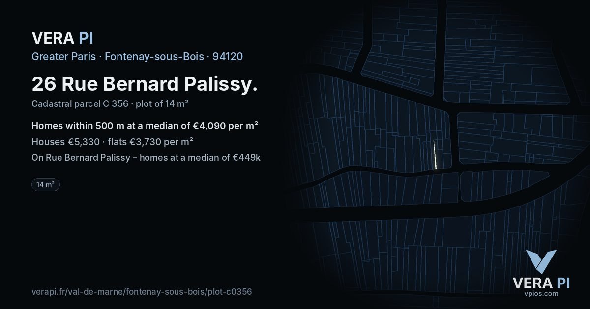 26 Rue Bernard Palissy, Fontenay-sous-Bois at night – the plot lit, the parcels around coloured by the prices near them