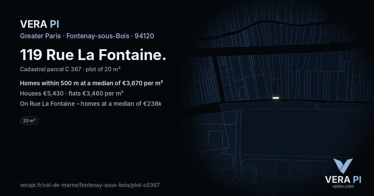 119 Rue La Fontaine, Fontenay-sous-Bois at night – the plot lit, the parcels around coloured by the prices near them