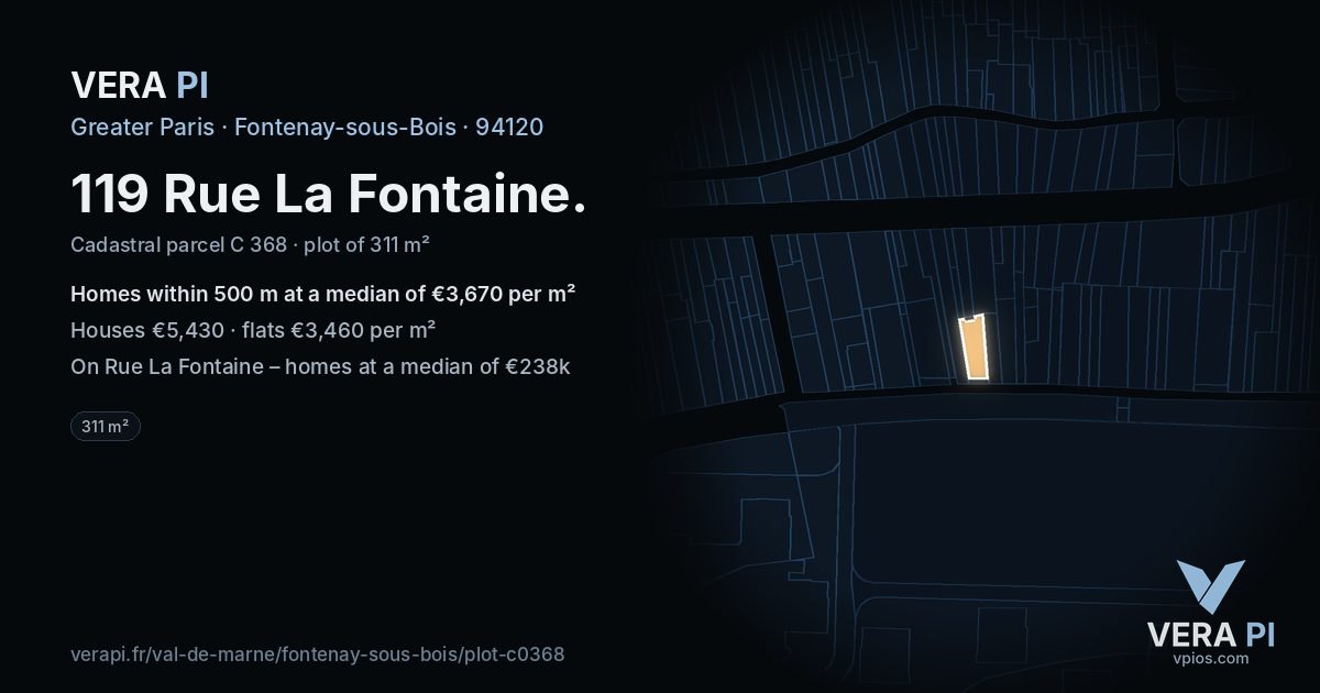 119 Rue La Fontaine, Fontenay-sous-Bois at night – the plot lit, the parcels around coloured by the prices near them