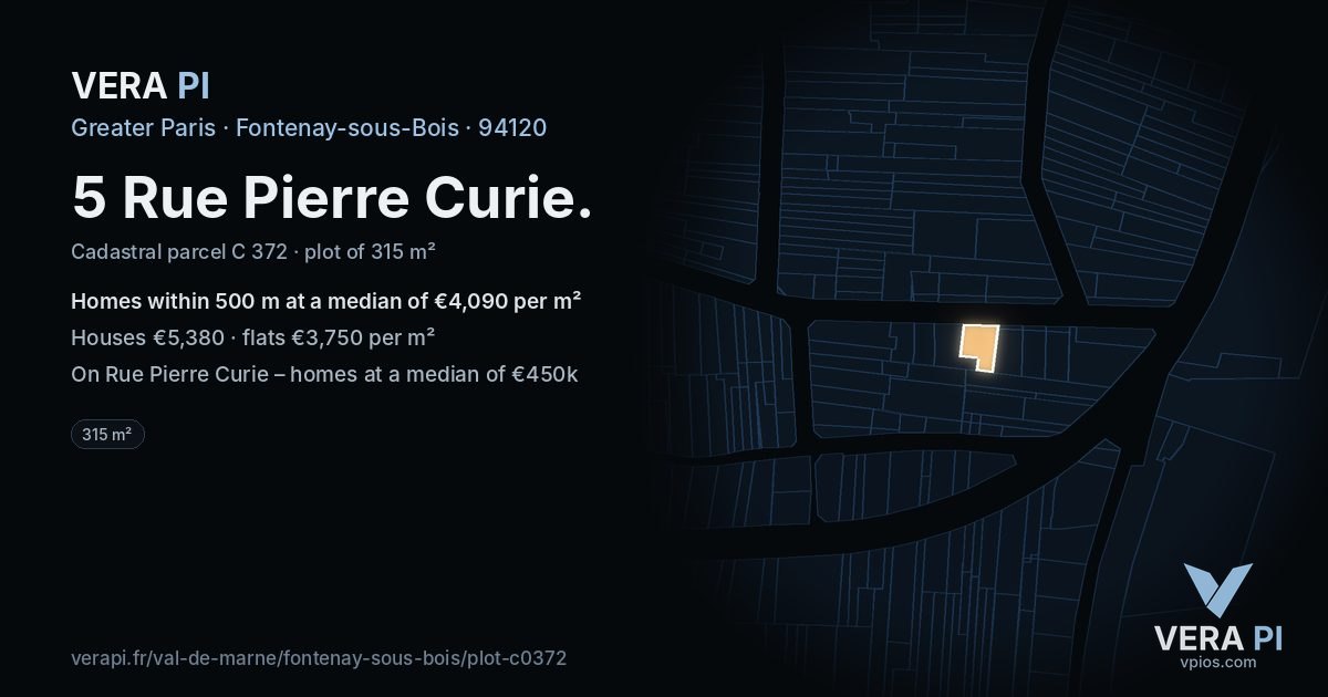 5 Rue Pierre Curie, Fontenay-sous-Bois at night – the plot lit, the parcels around coloured by the prices near them