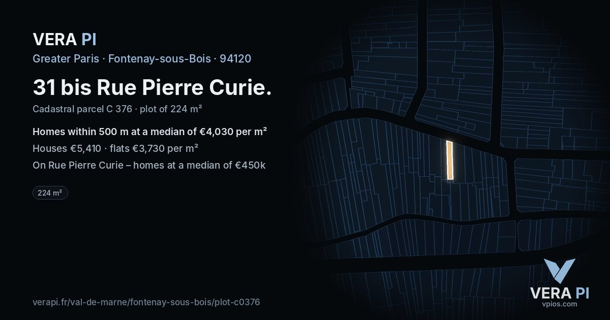31 bis Rue Pierre Curie, Fontenay-sous-Bois at night – the plot lit, the parcels around coloured by the prices near them