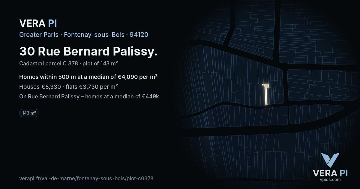 30 Rue Bernard Palissy, Fontenay-sous-Bois at night – the plot lit, the parcels around coloured by the prices near them
