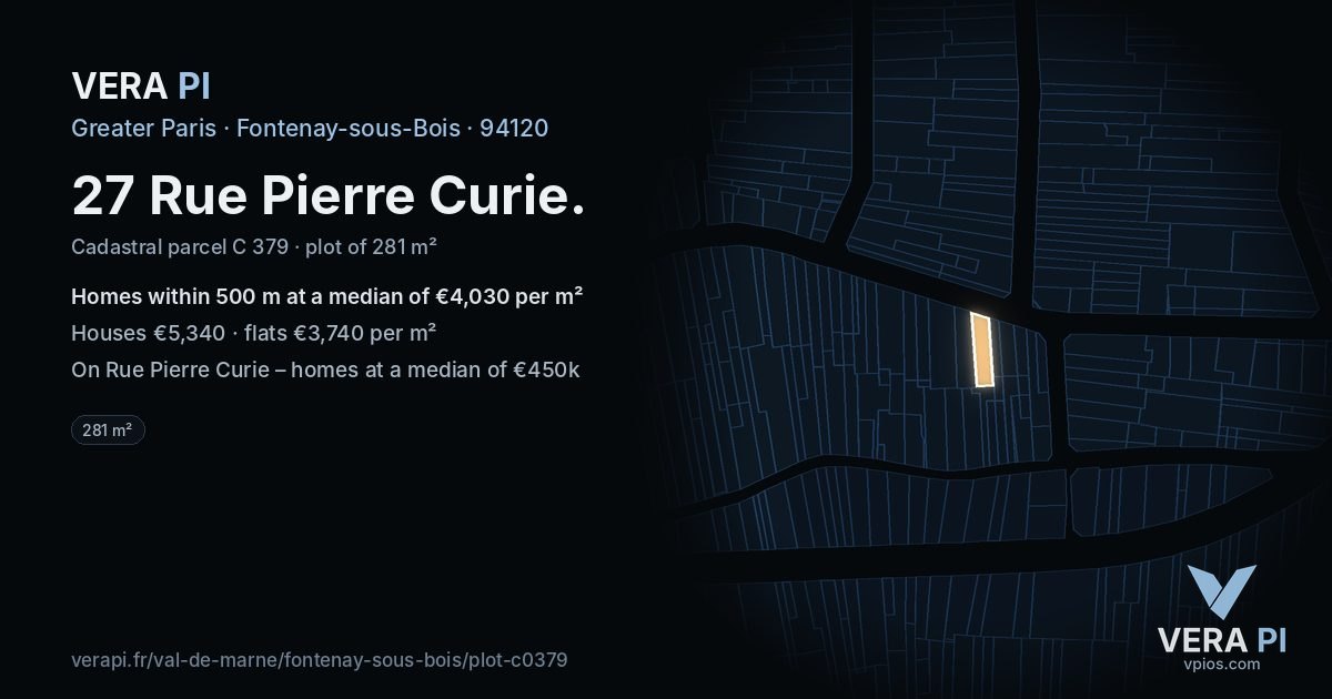 27 Rue Pierre Curie, Fontenay-sous-Bois at night – the plot lit, the parcels around coloured by the prices near them