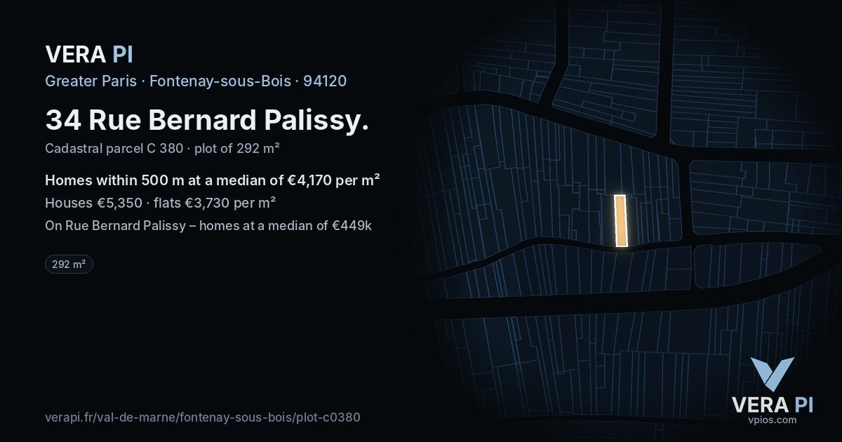 34 Rue Bernard Palissy, Fontenay-sous-Bois at night – the plot lit, the parcels around coloured by the prices near them