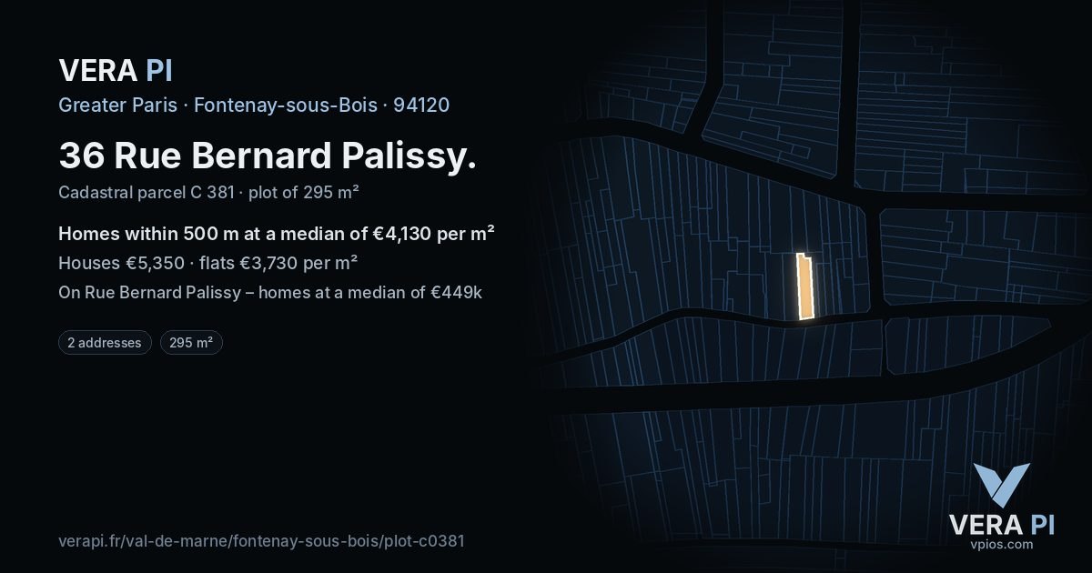 36 Rue Bernard Palissy, Fontenay-sous-Bois at night – the plot lit, the parcels around coloured by the prices near them