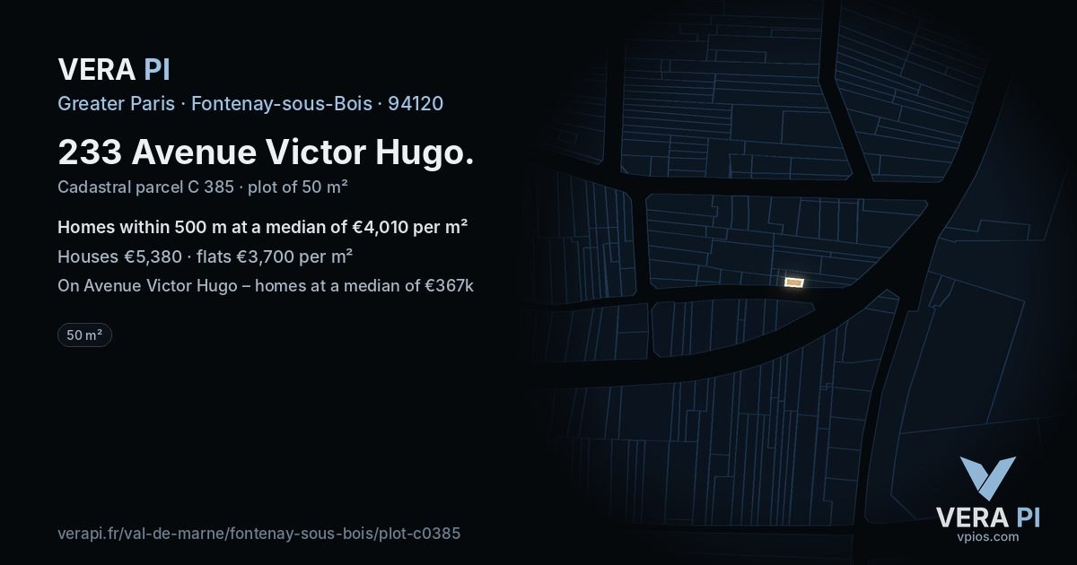 233 Avenue Victor Hugo, Fontenay-sous-Bois at night – the plot lit, the parcels around coloured by the prices near them