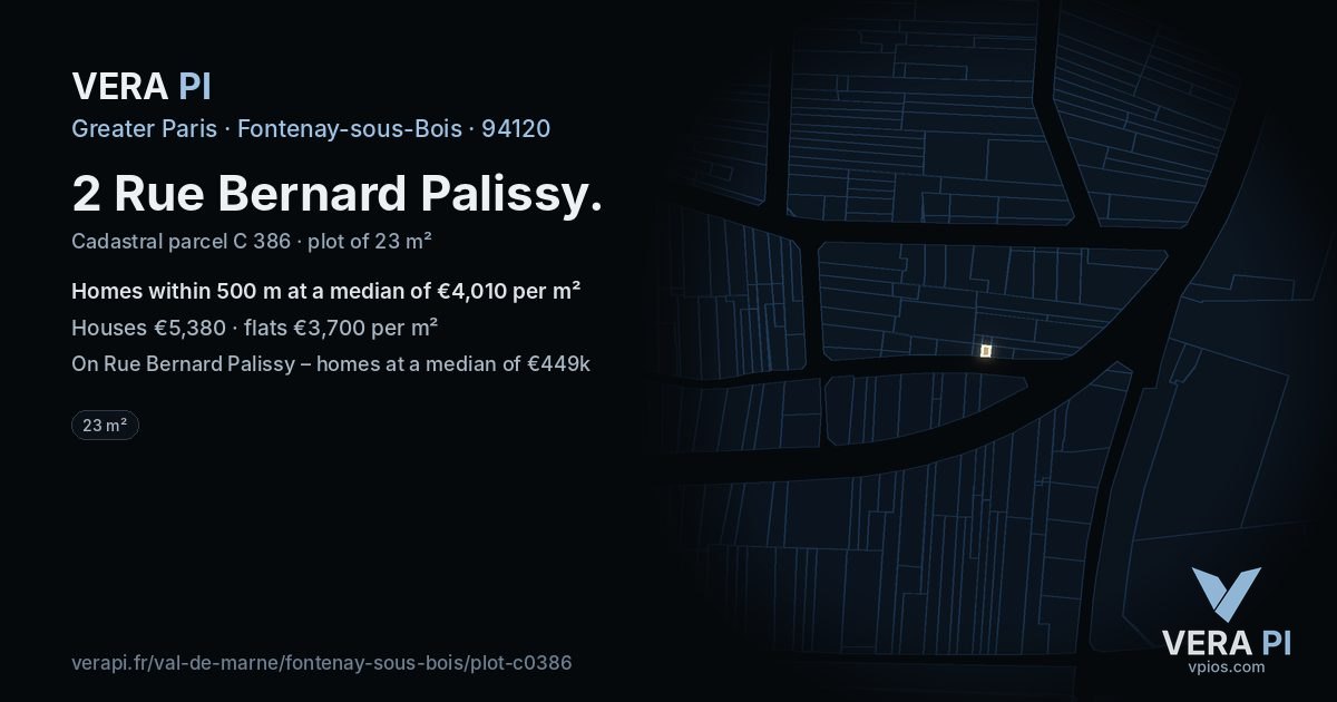 2 Rue Bernard Palissy, Fontenay-sous-Bois at night – the plot lit, the parcels around coloured by the prices near them