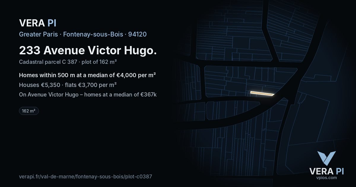 233 Avenue Victor Hugo, Fontenay-sous-Bois at night – the plot lit, the parcels around coloured by the prices near them