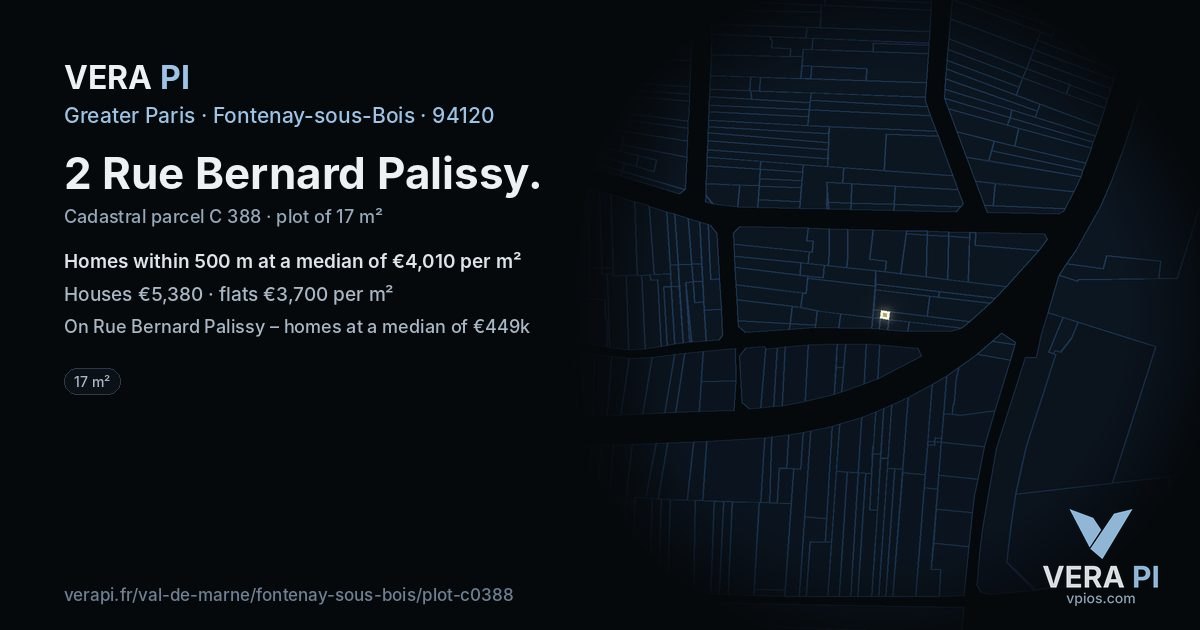 2 Rue Bernard Palissy, Fontenay-sous-Bois at night – the plot lit, the parcels around coloured by the prices near them