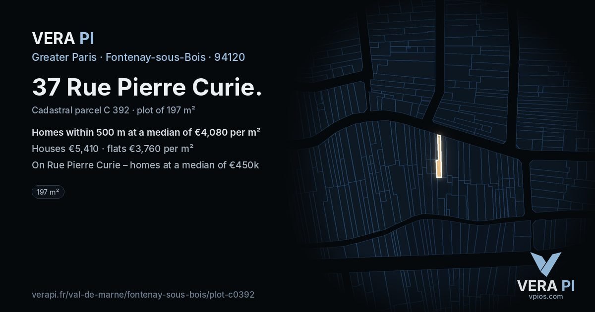 37 Rue Pierre Curie, Fontenay-sous-Bois at night – the plot lit, the parcels around coloured by the prices near them