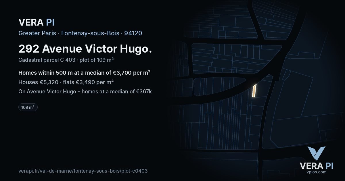 292 Avenue Victor Hugo, Fontenay-sous-Bois at night – the plot lit, the parcels around coloured by the prices near them