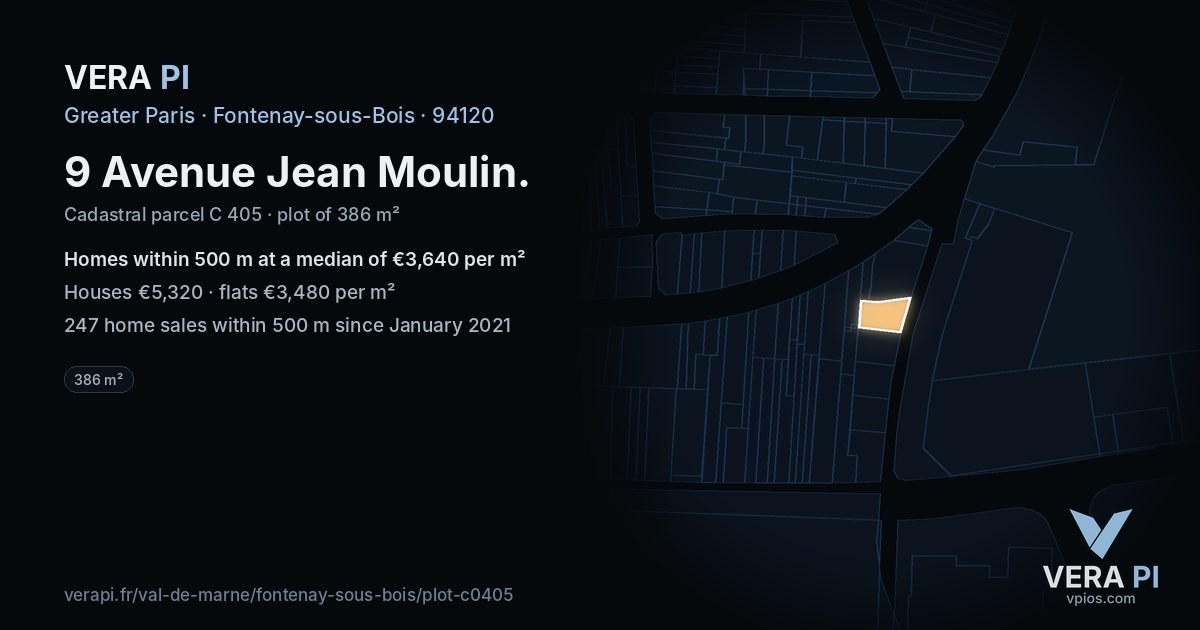 9 Avenue Jean Moulin, Fontenay-sous-Bois at night – the plot lit, the parcels around coloured by the prices near them