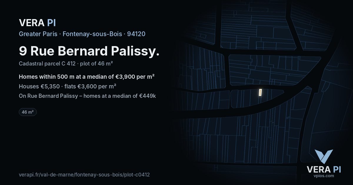 9 Rue Bernard Palissy, Fontenay-sous-Bois at night – the plot lit, the parcels around coloured by the prices near them