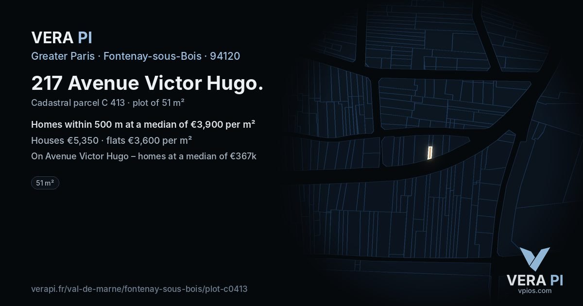 217 Avenue Victor Hugo, Fontenay-sous-Bois at night – the plot lit, the parcels around coloured by the prices near them