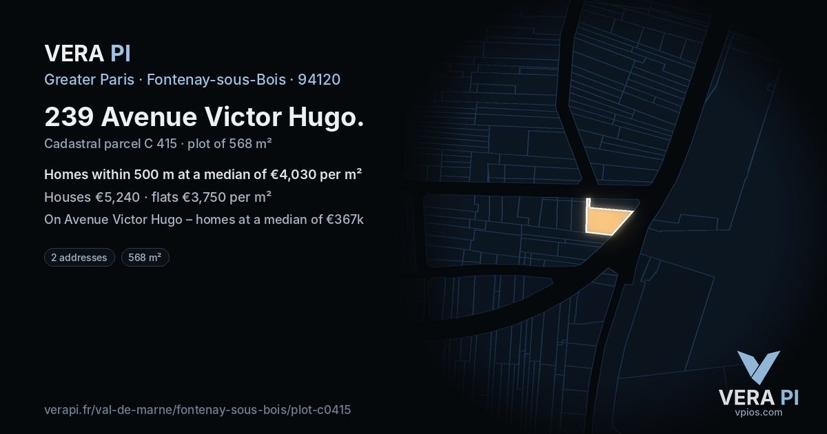 239 Avenue Victor Hugo, Fontenay-sous-Bois at night – the plot lit, the parcels around coloured by the prices near them