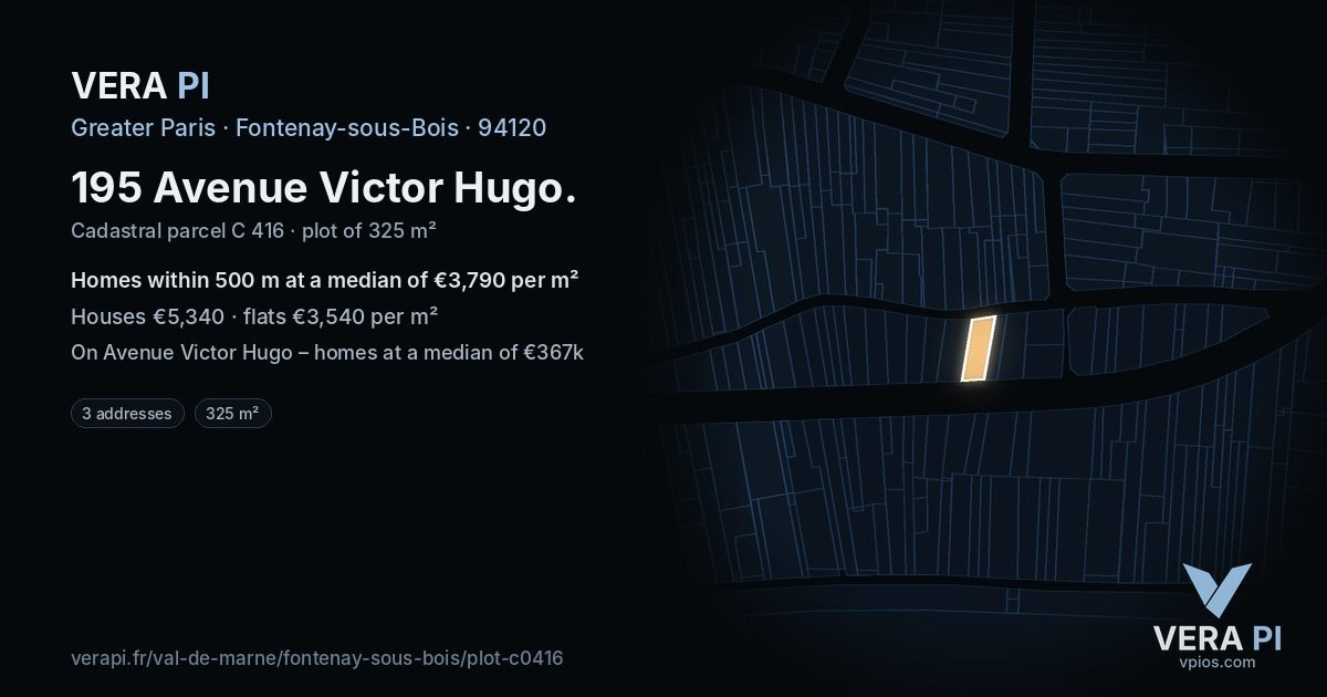 195 Avenue Victor Hugo, Fontenay-sous-Bois at night – the plot lit, the parcels around coloured by the prices near them