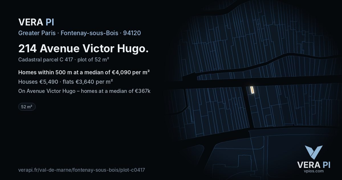 214 Avenue Victor Hugo, Fontenay-sous-Bois at night – the plot lit, the parcels around coloured by the prices near them