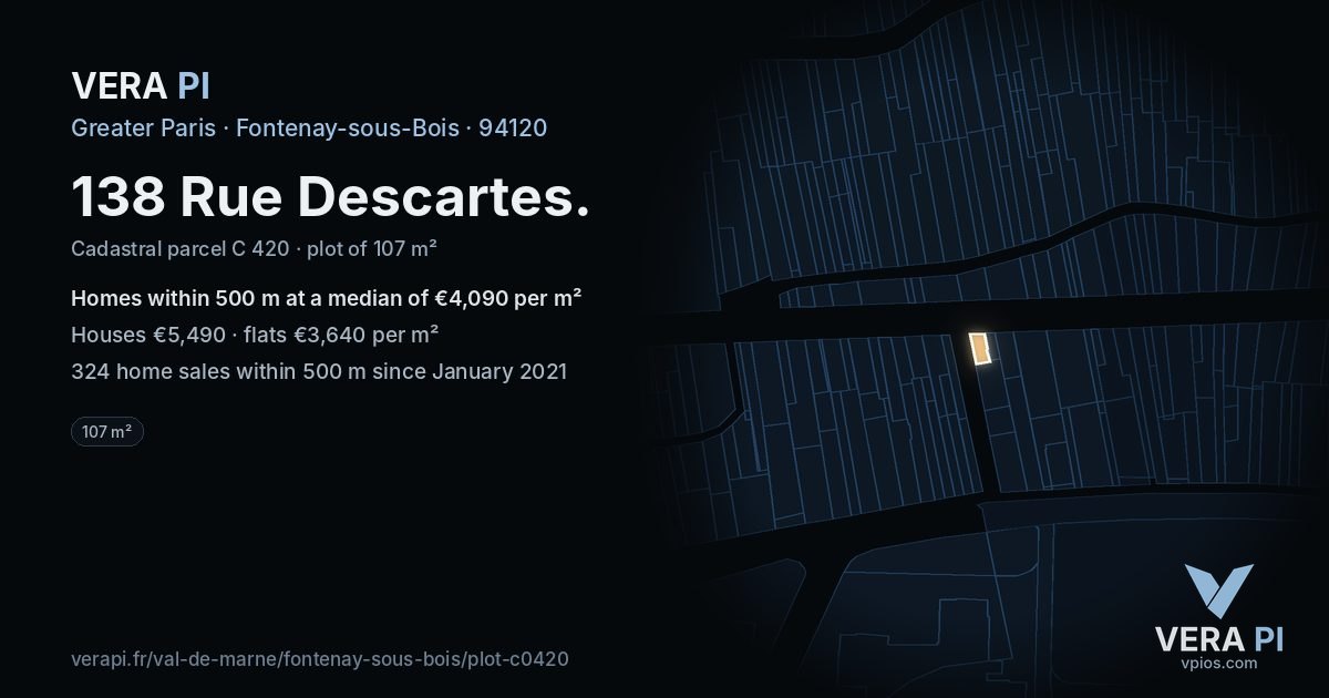 138 Rue Descartes, Fontenay-sous-Bois at night – the plot lit, the parcels around coloured by the prices near them