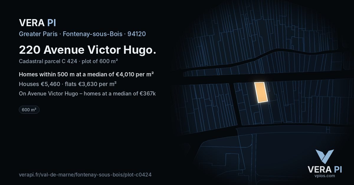220 Avenue Victor Hugo, Fontenay-sous-Bois at night – the plot lit, the parcels around coloured by the prices near them