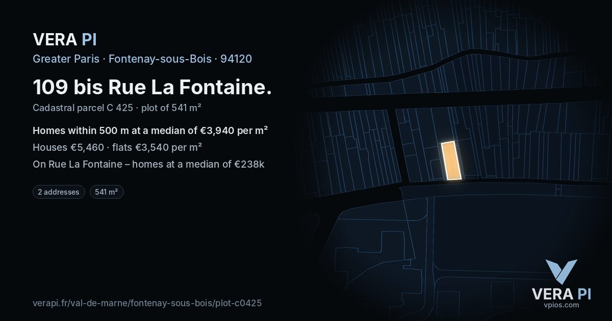 109 bis Rue La Fontaine, Fontenay-sous-Bois at night – the plot lit, the parcels around coloured by the prices near them