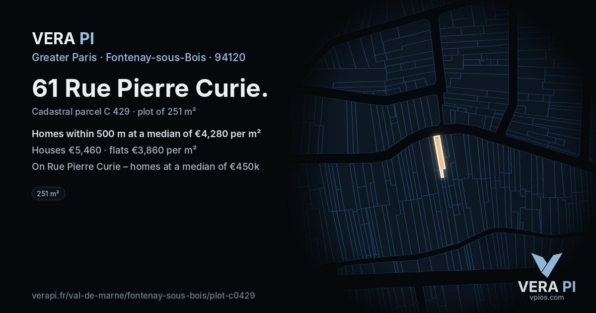 61 Rue Pierre Curie, Fontenay-sous-Bois at night – the plot lit, the parcels around coloured by the prices near them