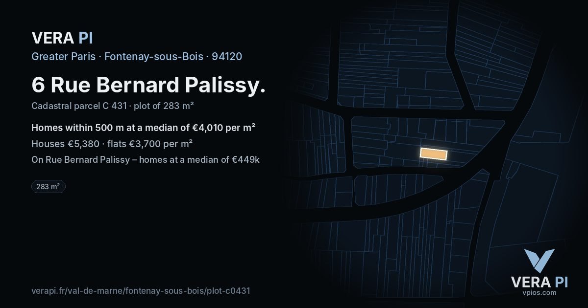 6 Rue Bernard Palissy, Fontenay-sous-Bois at night – the plot lit, the parcels around coloured by the prices near them