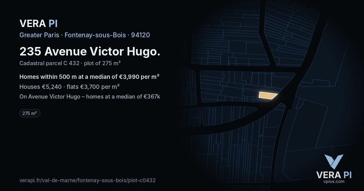 235 Avenue Victor Hugo, Fontenay-sous-Bois at night – the plot lit, the parcels around coloured by the prices near them