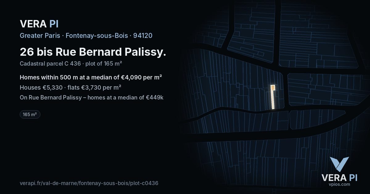 26 bis Rue Bernard Palissy, Fontenay-sous-Bois at night – the plot lit, the parcels around coloured by the prices near them
