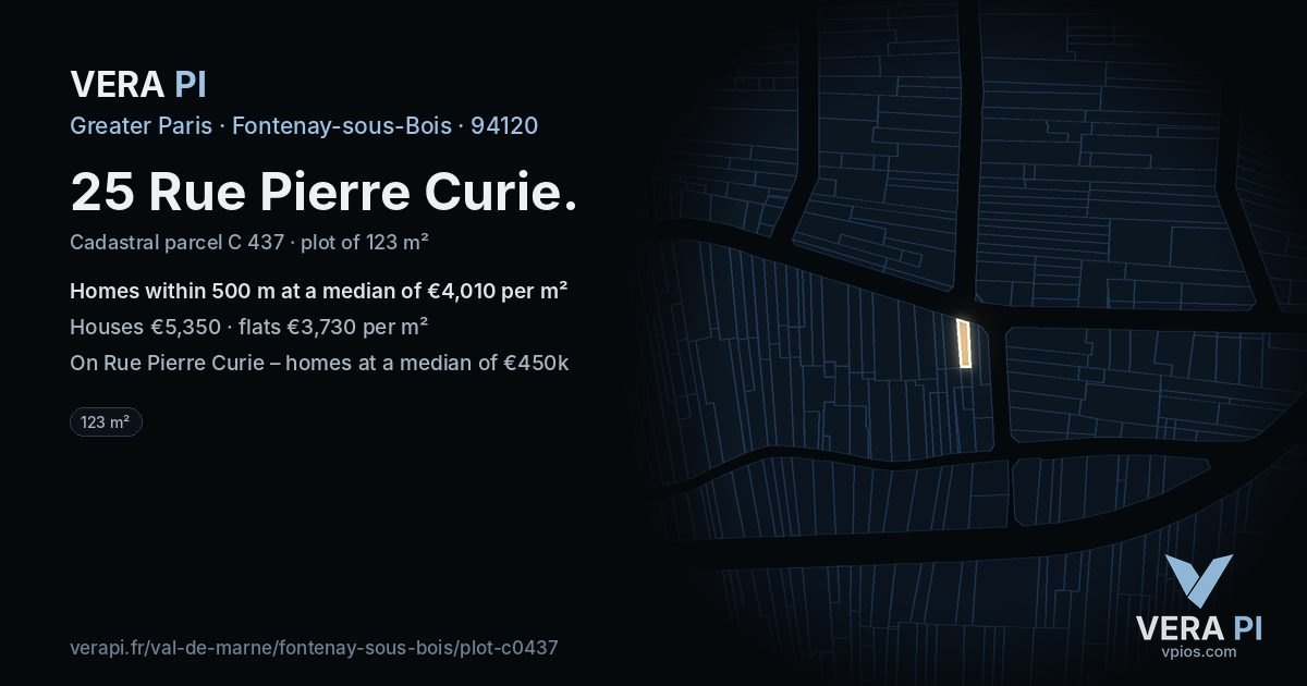 25 Rue Pierre Curie, Fontenay-sous-Bois at night – the plot lit, the parcels around coloured by the prices near them