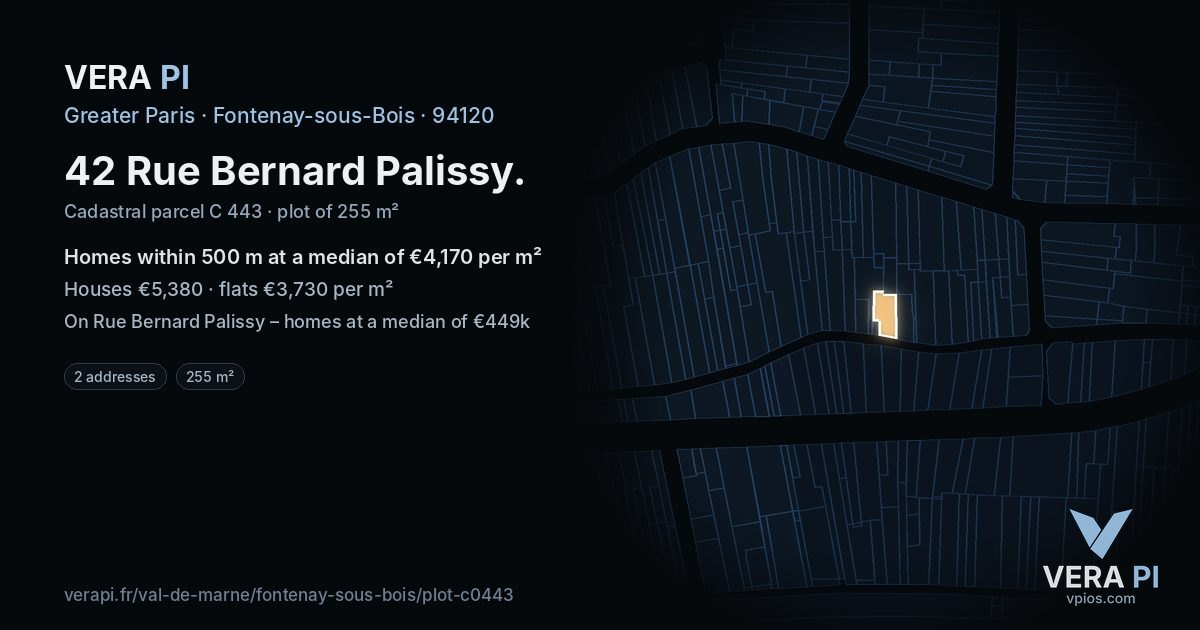 42 Rue Bernard Palissy, Fontenay-sous-Bois at night – the plot lit, the parcels around coloured by the prices near them